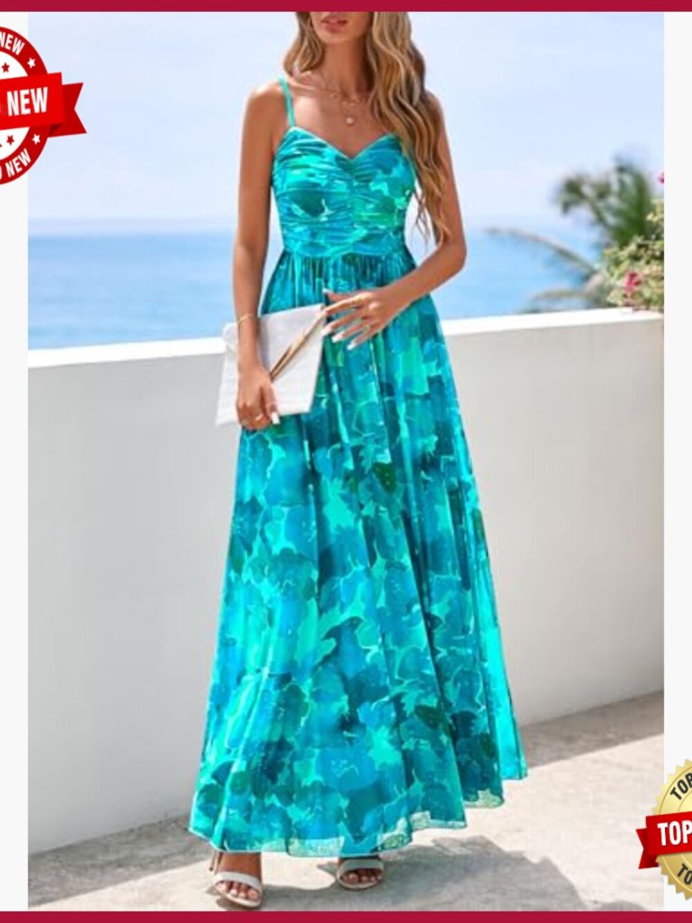 Summer Maxi Dress Spaghetti Strap V-Neck Mesh Boho Sundress - Picture 6 of 7